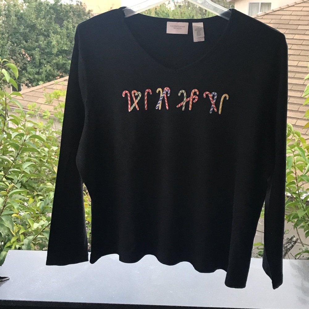 Liz Claiborne Black Long Sleeve Top with Colorful Embroidery